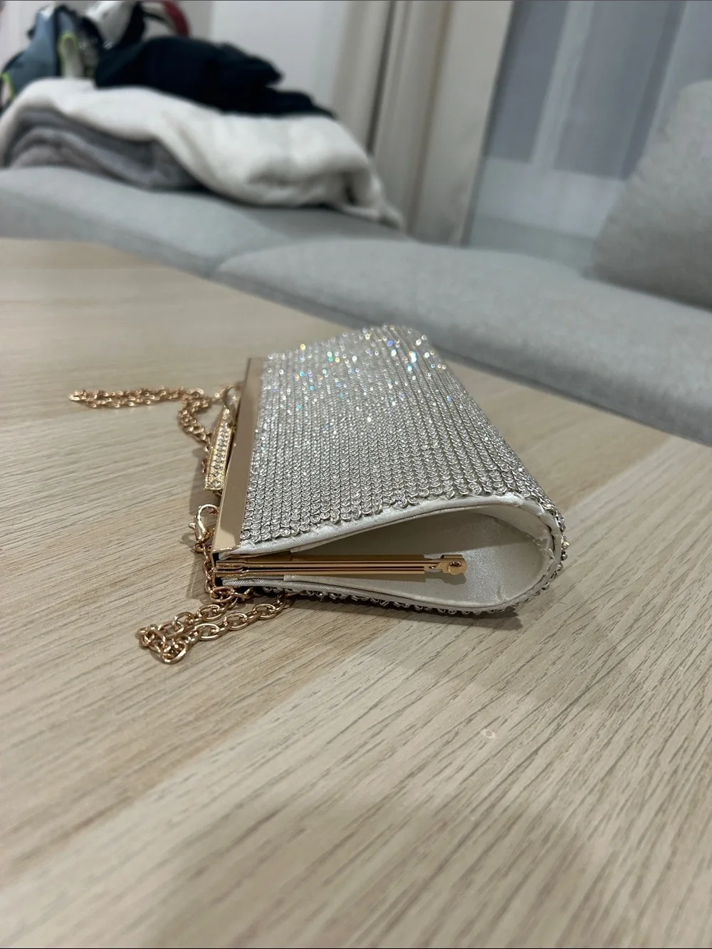Crystal-Embellished Evening Clutch with Gold Chain